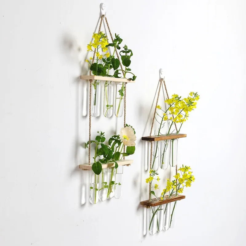 Creatieve vaste houten hydrocultuur testbuis glazen wand hangende wanddecoratie vaas huizen planten hangende wanddecoratie container 2206231f