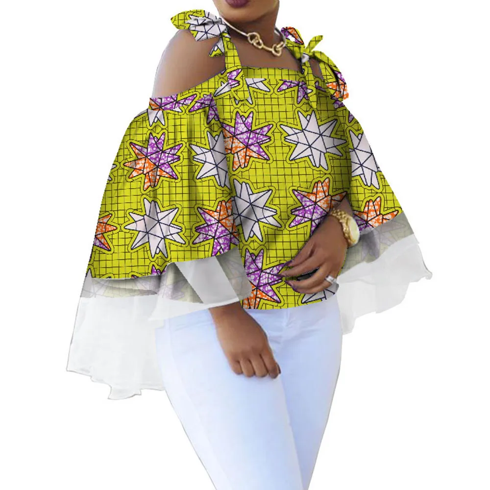 Bintarealwax African Print Wax Shirt for Women Dashiki Long SemeVes Africa Clothing Plus Size Traditionella afrikanska kläder WY5101