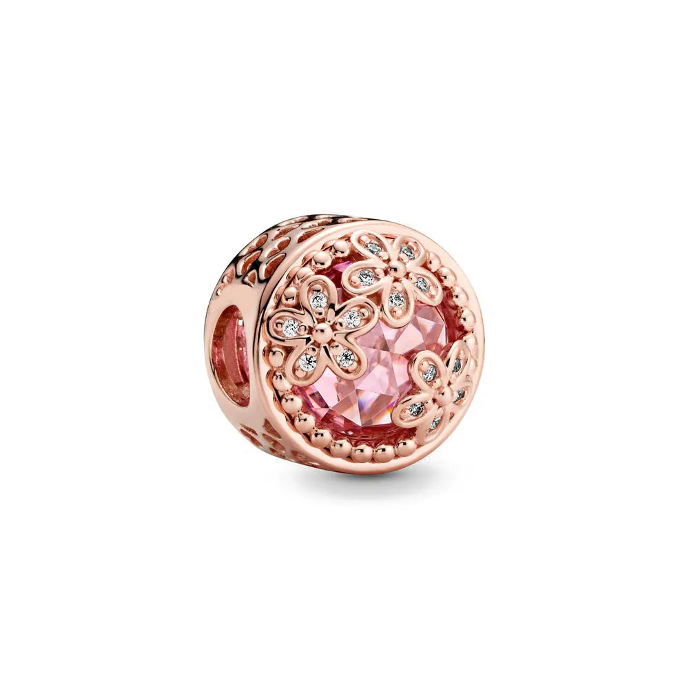 925 Silberperlen-Charms für Pandora-Charm-Armbänder, Designer für Frauen, funkelnde Freehand-Herz-Blütenblatt-Perlen-Charms aus Roségold