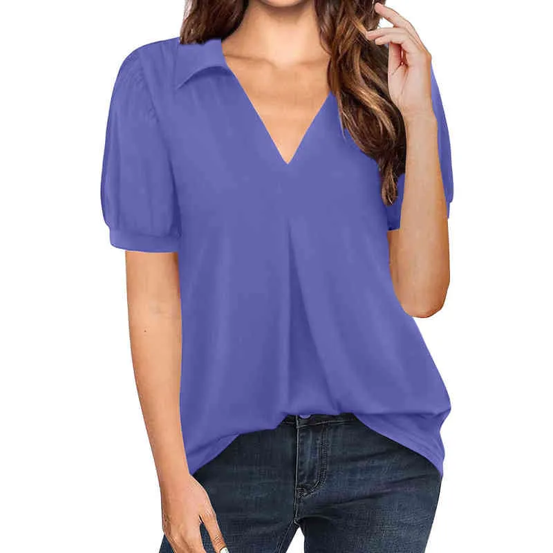 Ladies Summer Casual Chiffon Blouse Solid Color Stand Collar Short Sleeve Chiffon Shirt Short Sleeve Blusas Female V Neck Tunic L220706