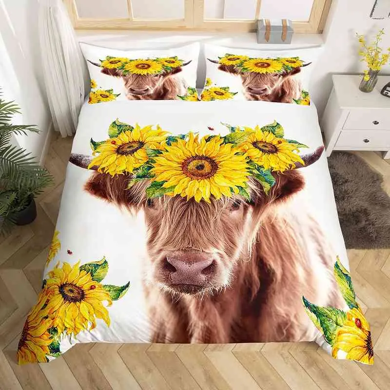 Highland Cattle Couette de couette ensemble mignon vache florale litière jumelle jaune de tournesol imprimé couette animal