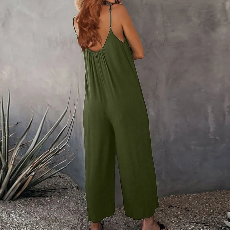 Elegant Rompers Summer Sexy Sleeveless Jumpsuits Women's Straps Wide Leg Playsuits Casual Solid V-neck Overall 2XL 220719