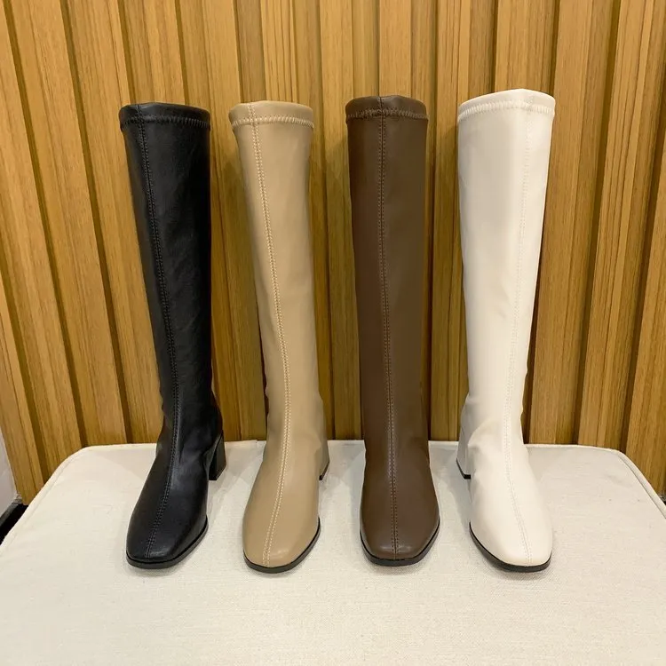 Masowe kobiety czarne obcasy blokowe długie zimowe ciepłe kolano miękkie skórzane buty buty 220810