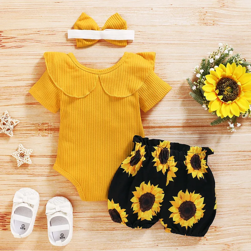 Baby Summer Clothing Girl Floral Clothes barn Kort ärm Romper Born Jumpsuitgirls Sunflower Tutu Shorts Outfits Set 220608