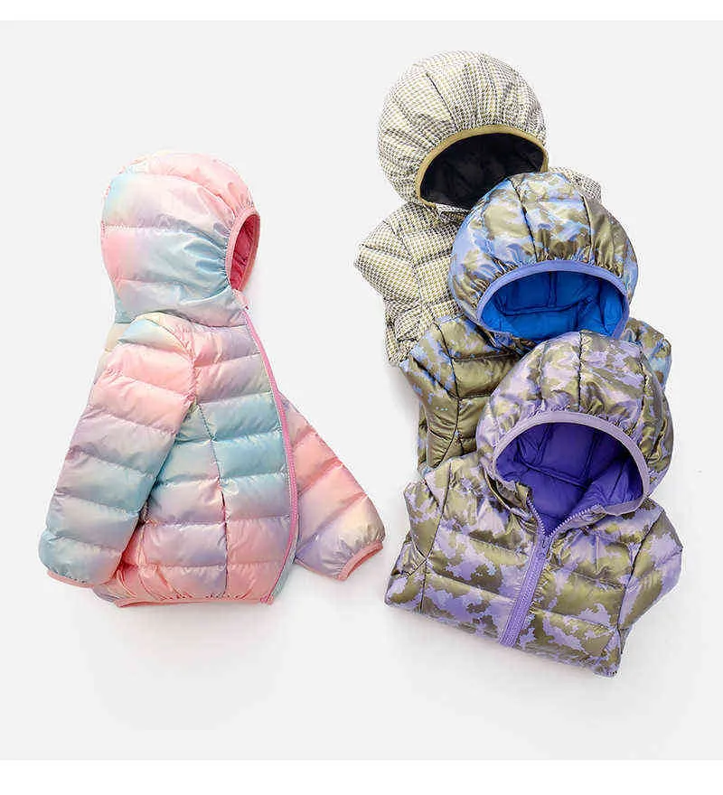 여자 무지개 화려한 다운 재킷 2022 겨울 뉴 여자 아기 두껍게 봉제 다채로운 방수 까마귀면 재킷 J220718