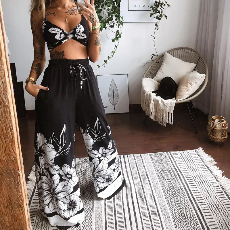 Tvådelad kostym Summer Women Boho Beach Style Print Underwear Loose Wide Leg Pants Sea Floral Outfits Tracksuit Sets