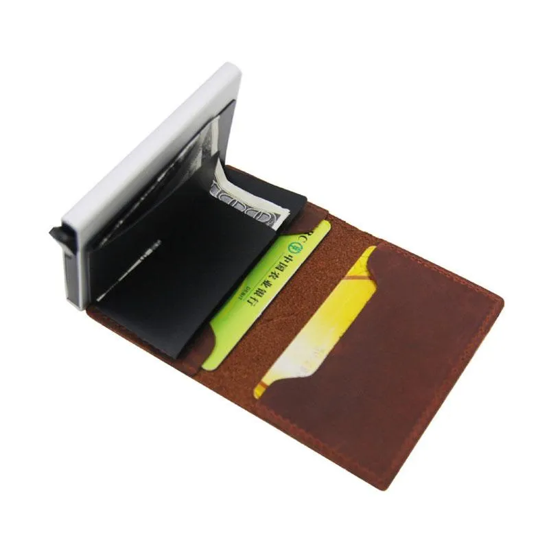 Korthållare Automatisk vintage Men's äkta läderhållare Retro Aluminiumlegering Business Male ID Cardholder Mini Wallet Purs2468