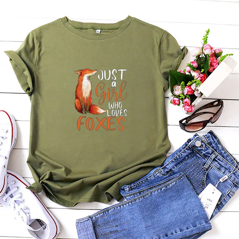 Just A Girl Who Loves Foxes T Shirt Women Summer Personality Short Sleeve Graphic Tee Shirt Femme Cotton Casual Tshirt Women 220514