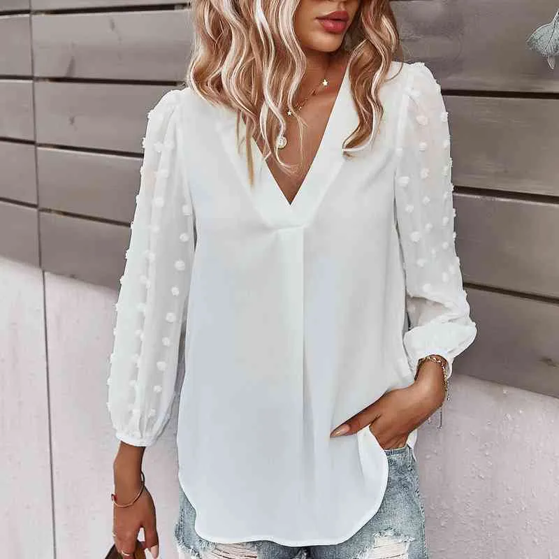 Chiffon Sheer Mesh Tops Women Solid Color ol Shirts Casual V-Neck Long Sleeve Blouses Office Lady Tops Blusas Mujer L220705