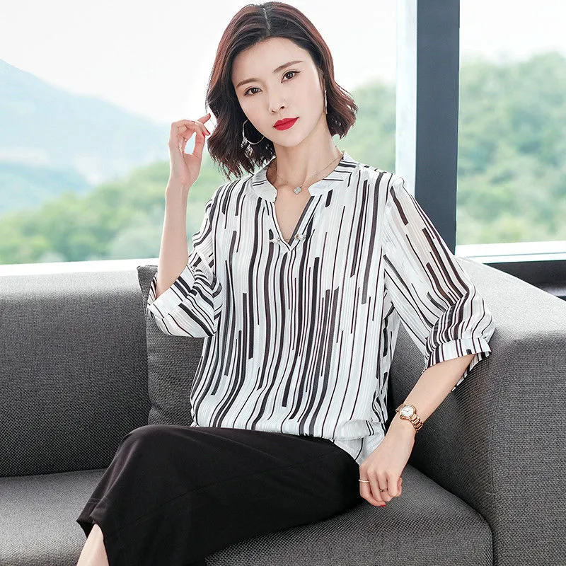 Frauen Frühling Sommer Stil Chiffon Blusen Shirt Frauen Gestreiften V-ausschnitt Drei Viertel Ärmel Casual Lose Tops SP015 220407