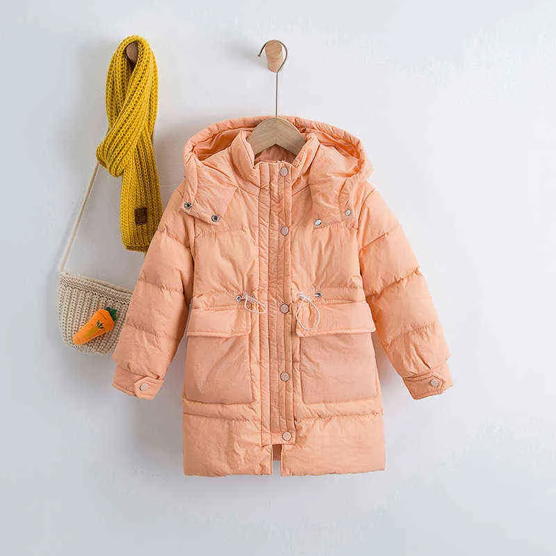 New Solid Color Hooded Mid-Length Down Jacket For Children With Hood Large Pockets Thickened Children Down Jacket 3-10 Year J220718