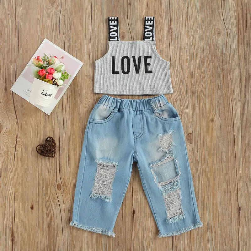 Citgeett Summer Children Girls Love Letter Belt Chaleco sin mangas Tops Denim Hole Pantalones largos Conjunto de ropa Trajes J220711