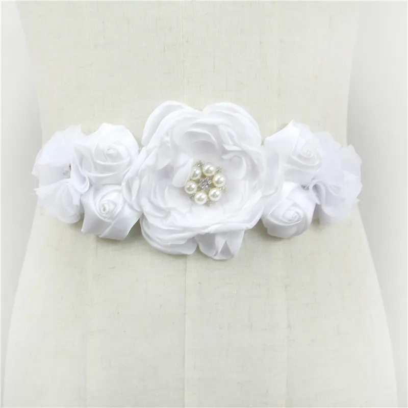 78 74in Pink Black White Pearl Flowers Wedding Belts Satin Rose Dress Accessories Bridal Ribbon Sash 220623