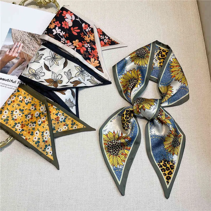 2022 Silk Skinny Scarf Women Long Ribbon Headband Print Floral Neck Hand Bag Wrist Towel Bandana Luxury Girl Hair Tie Foulard