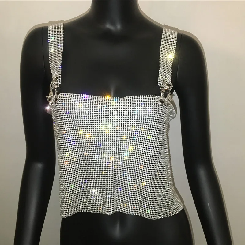 Kobiety Moda Backless Tank Top Sparkly Sexy Streetwear Regulowany Metal Chain Crystal Ceble Club Party Crop 220325