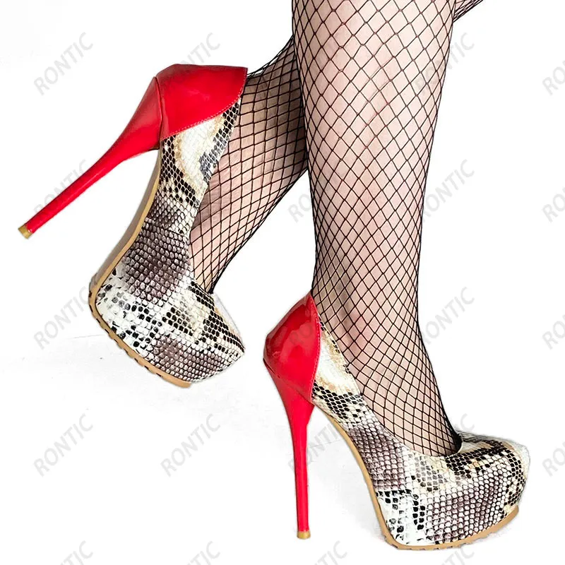 rontic 2021 수제 여성 펌프 플랫폼 뱀 패턴 섹시한 스틸 레토 발 뒤꿈치 라운드 발가락 예쁜 자홍색 파티 신발 미국 크기 5-20