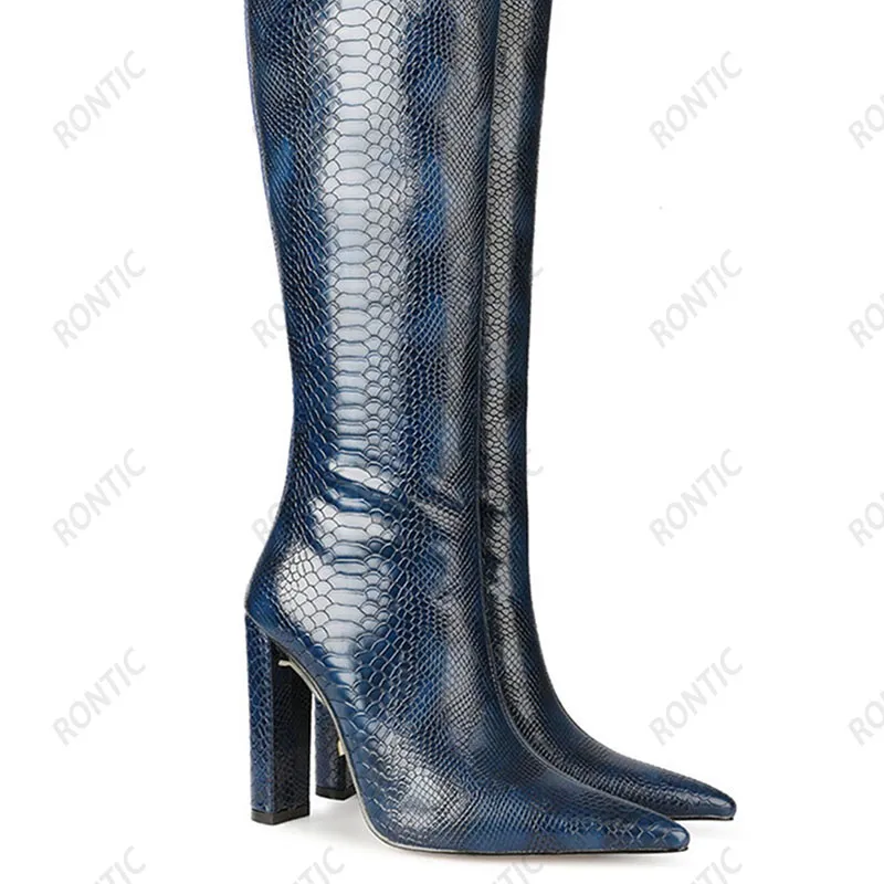 Rontic Handgjorda Kvinnor Vinter över knä Stövlar Sexig Snake Back Zipper Block Heels Pekade Toe Red Night Club Shoes US Size 4-13