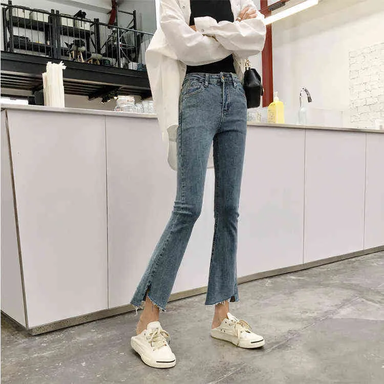 N0032 New Women Micro-Flare Pants High Weist Light Skinny Spension Style Slit تسع نقاط جينز L220726