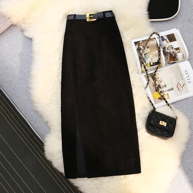 Hebe&Eos Vintage Women's Skirt With Side Slit Midi s A-line Hight Waist Sashes Elegant Korean Fashion Corduroy Black 220401
