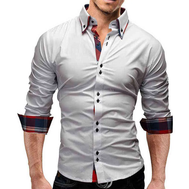 Camicie da uomo Bianco Nero a maniche lunghe Colletto rovesciato Bottoni scozzesi Top Slim Fit Business Casual T Shirt Abbigliamento maschile M-3XL L220704