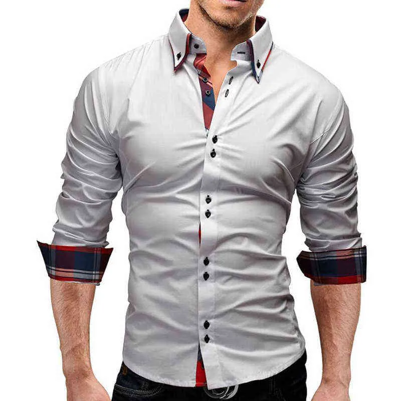 Men Shirts White Black Long Sleeved Turn-down Collar Button Plaid Tops Slim Fit Business Casual T Shirt Male Clothing M-3XL L220704