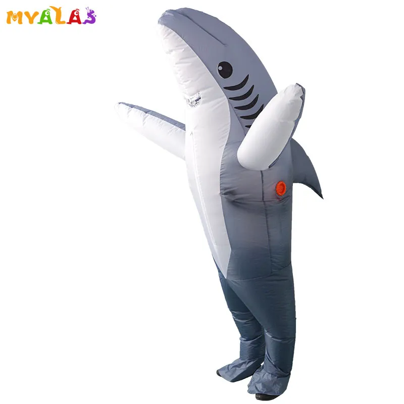 Costume de poupée mascotte Pourim Costume de requin Costumes gonflables de requin Dessin animé Bleu Gris Couleur poisson Vacances Carnaval Fête Drôle Fête Adulte