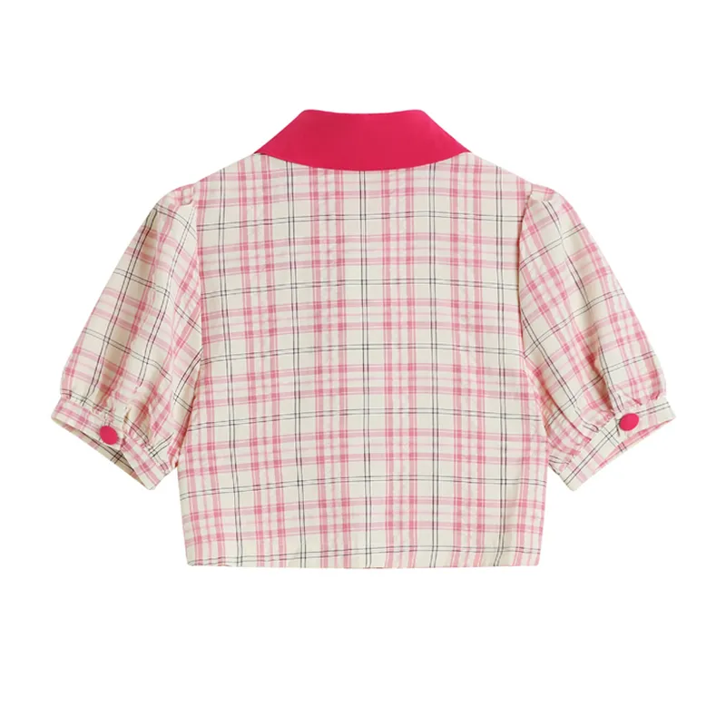 Pink Plaid Bubble Kortärmad skjorta Kvinnor Summer Hit Colors Sweet Hk Style Girl Group Midja Slim Short Top Female Blus CX220420