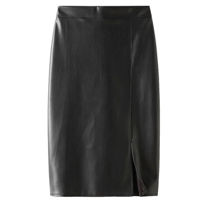 Neophil Black Front Split PU Leather Pencil Skirt Bodycon High Waist Spring Fashion Elegant Knee Length Faldas S21702 220317