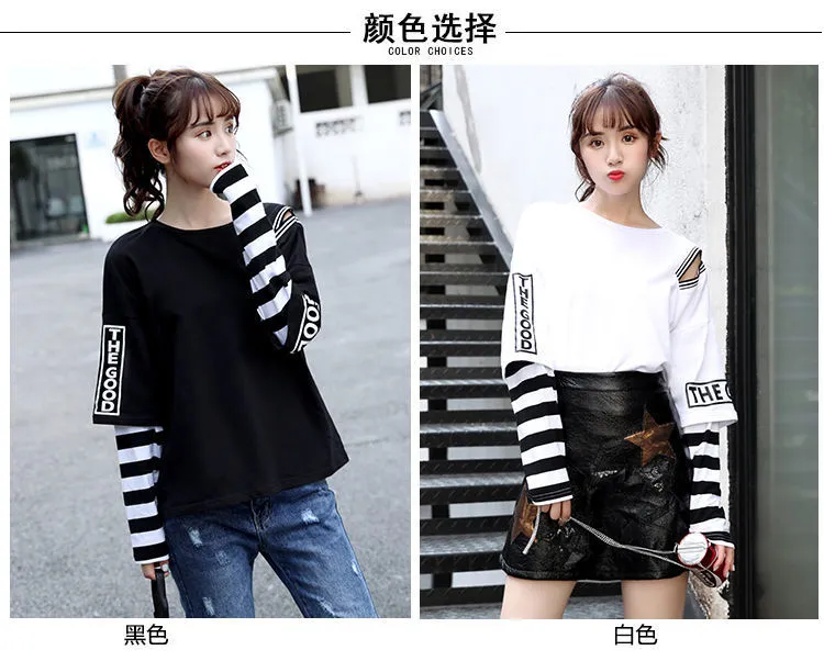 Spring Autumn fashion loose tops for women Fake two pieces patchwork stripe long sleeve letter print big size t-shirts female 220402