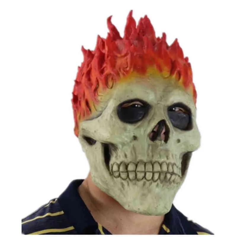 Halloween Ghost Rider Masque Flamme Crâne Squelette Rouge Flamme Feu Horreur Fantôme Plein Visage Latex Masques Parti Cosplay Costume Props T220727