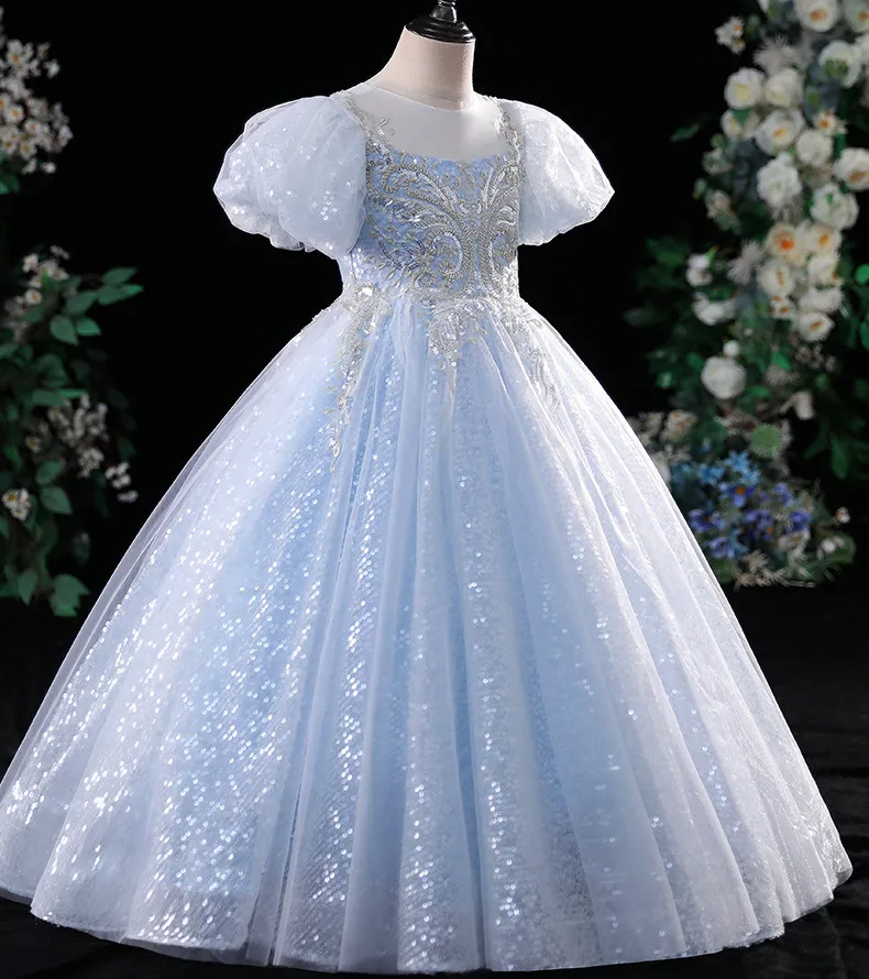 Blue Crystal Long Flower Girls Dress Pageant Dresses con cuentas 2022 niños pequeños Ropa infantil Little Niños Bebé Cumpleaños Vestidos de Navidad