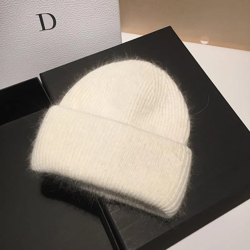 Beanie Skull Caps Winter Real Fur Knitted Hat For Women Fashion Luxury Hats Solid Color Warm Cashmere Wool Beanie Female Fold Thic264I