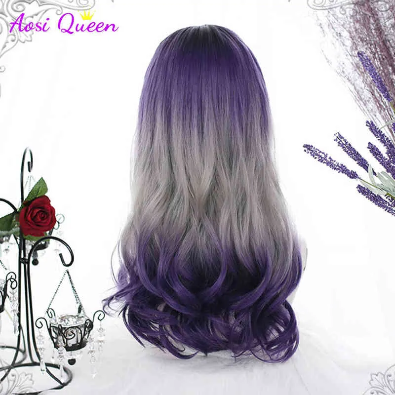 Wig Feminino Gradiente Purple Cinza Longo Curly com Air Bangs Girl Diário Partido Cosplay Fibra Resistente ao Calor Synthetic 220622