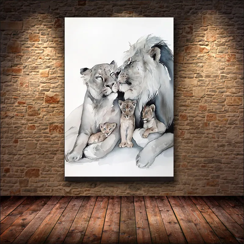 Akvarell Happy Lion Family Canvas Målning Animal Porträtt Affischer och tryck Väggkonstbilder för vardagsrumsdekoration