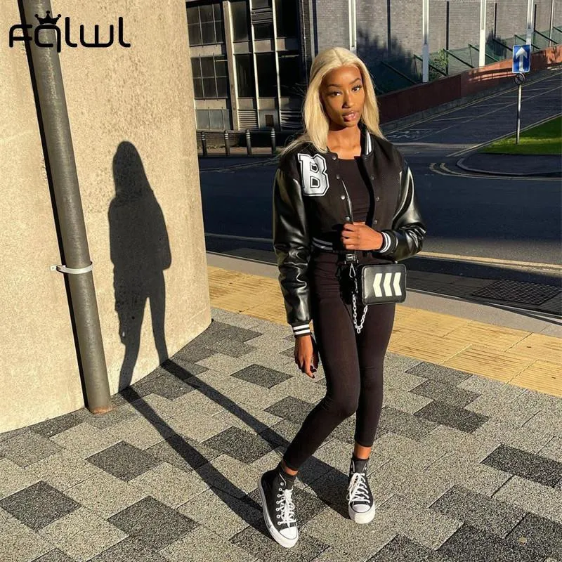 FQLWL Brown Baseball Fashion Fall For Women Patchwork Button Black Crop Top Jackets Coats Red Varsity Bomber Jacket 220726