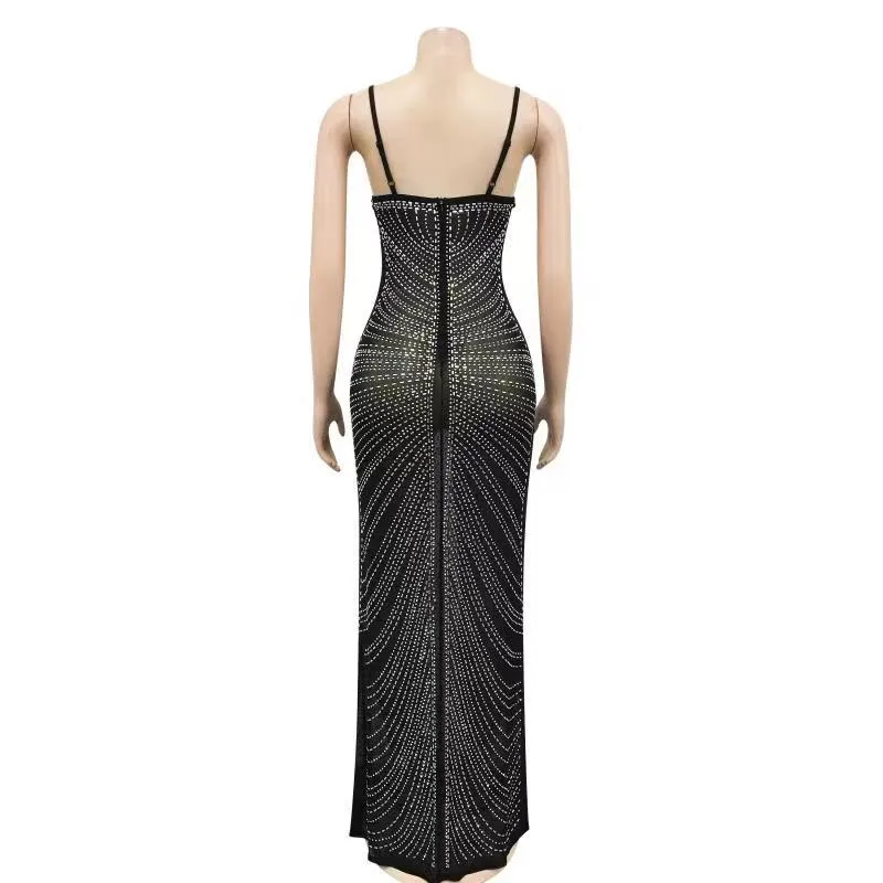 Beyprern brilho preto malha pura strass maxi vestido feminino glam spagetti cintas cristal vestido de festa celebridades outifts