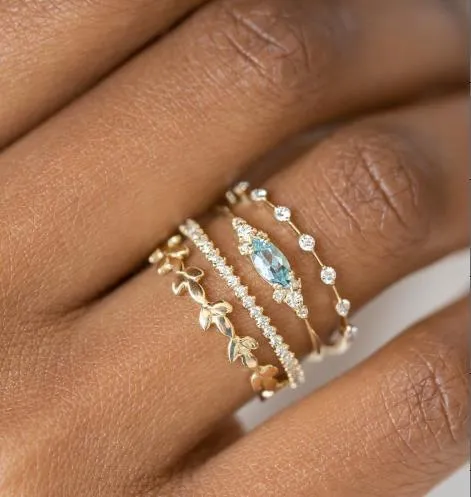 Juego de 4 Uds. De anillos de cristal de circón redondos con combinación de Color dorado geométrico para mujer, joyería de mano para fiesta de compromiso y boda 220719