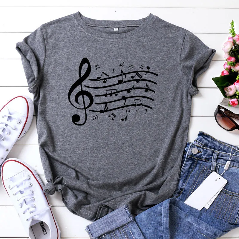 Summowa grafika codziennie regularna swobodna nuta muzyczna z krótkim rękawem Drukuj Kobiety Kobiety Vintage Streetwear Lady O-Neck Tees Top 220511