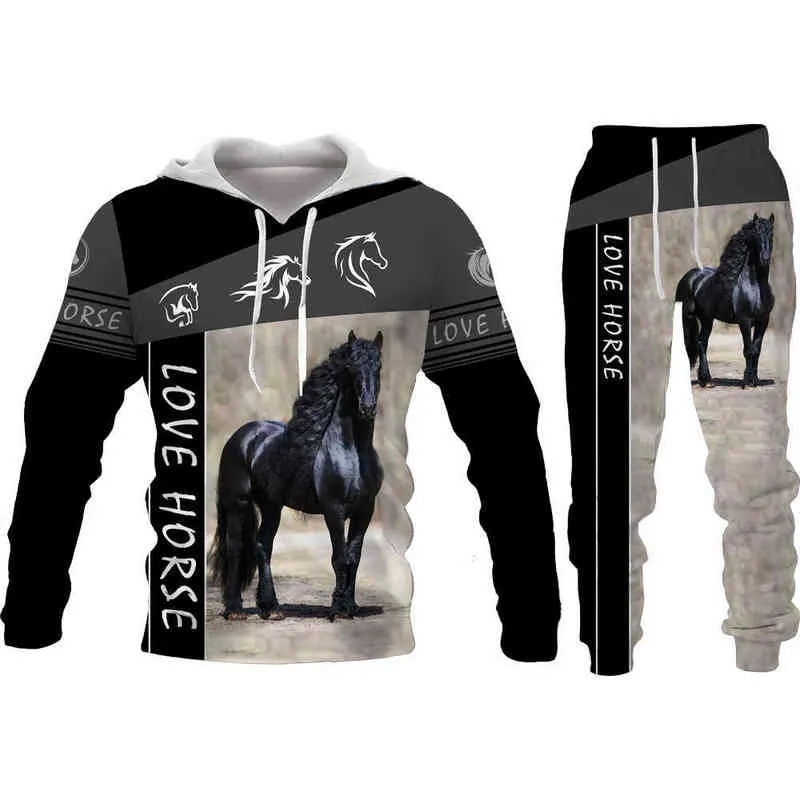 Autumn Winter 3D War Horse Printed Men's Hooded Sweater Set Male Sportswear Tracksuit Long Sleeve Men Clothing Suit G1217