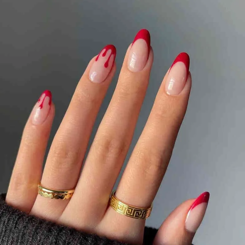 False unhas Manicure destacáveis ​​ALMONDO ROUNDA DE ALMONGA DE ALTA Pressione Pressione em temperamento francês vermelho Falsa com design por atacado 0616