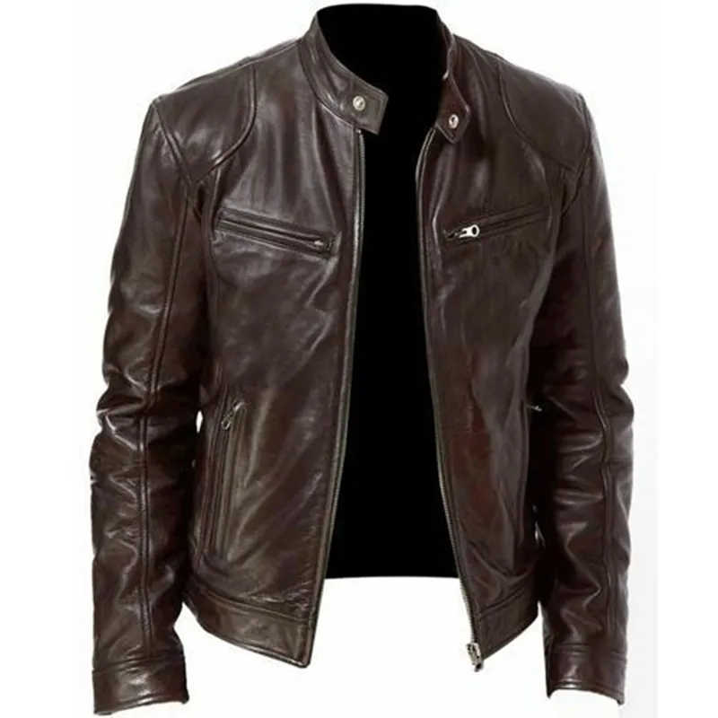 Veste homme en cuir Faux automne homme noir marron hommes col montant manteaux Biker s moto 220912