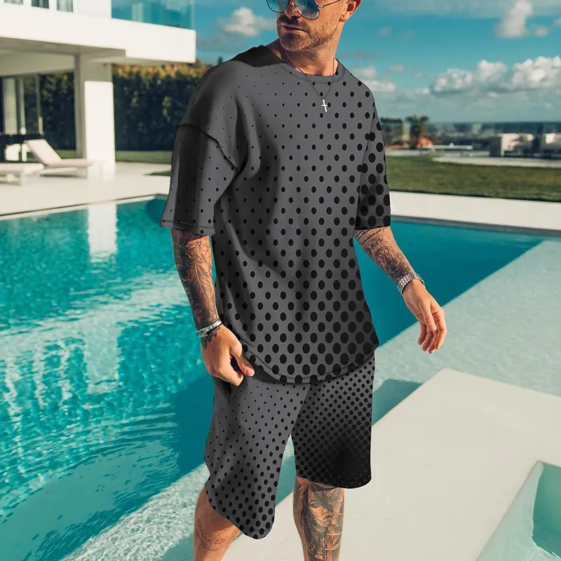 Summer 3D Mens Mens Tshirt مجموعة ألوان صلبة مع نقطة أسود غير رسمية بسيطة شورت قصير الأكمام 2 قطعة 220602