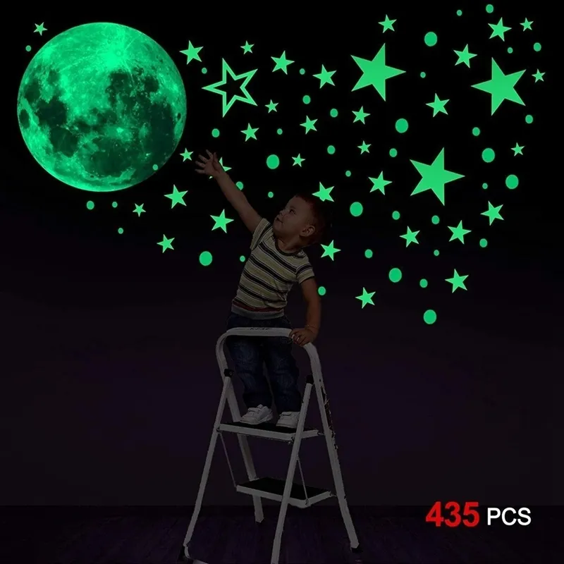 set Luminous Moon Stars Dots 벽 스티커 아이 방 거실 거실 집 장식 데스칼에 빛나는 어두운 스티커 220809