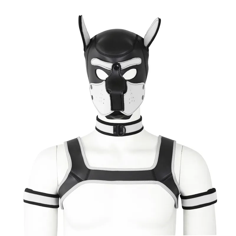 Chiot jouer chien capuche masque BDSM Bondage hommes poitrine sangle cou collier brassard Sexy Costume esclave jeu de rôle ensemble masques de fête Sex Toy 220711