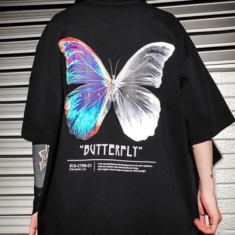 Siyah kelebek hip hop büyük boy tişört kadın serin sokak kıyafeti harajuku tshirt kısa kollu genç kızlar pamuklu artı boyut 220511