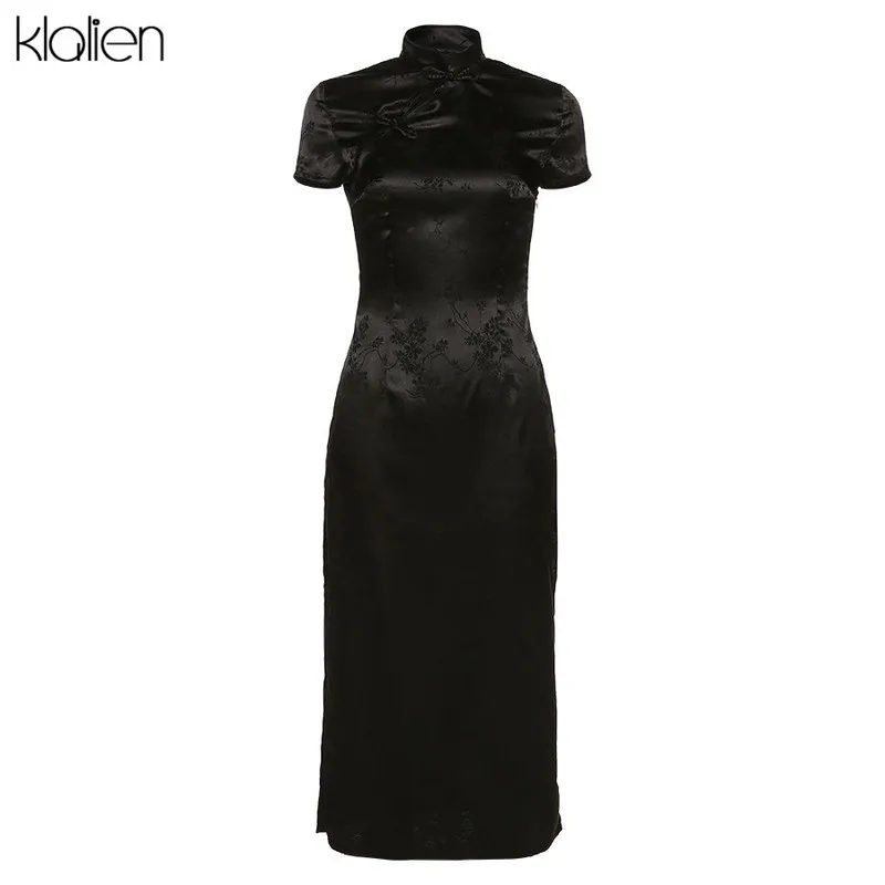 KLALIEN Negro Monocromo Impresión Satén Vestidos Chinos Tradicionales Vestido Largo Qipao Sexy Split Tang Traje Banquete Qipao Mujer 220423