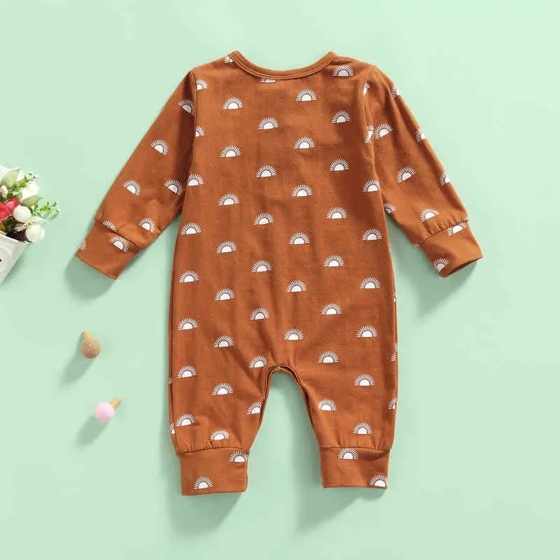 2021-06-23 Lioraitiin 0-18m Infant Baby menino Rodper Sun Print Round Round Gcond Sleeve Mumpsuits Playsuits para Spring outono G220521