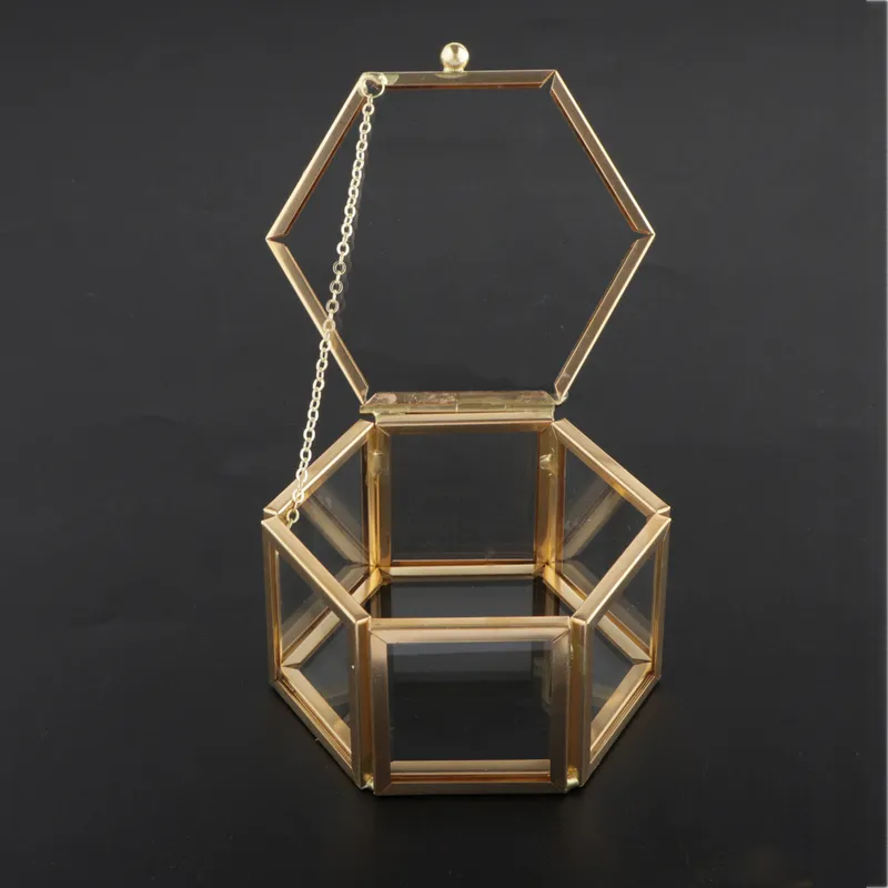 육각형 투명 유리 보석 상자 결혼 반지 기하학 보석 주최자 쇼케이스 컨테이너 시계 상자 220617