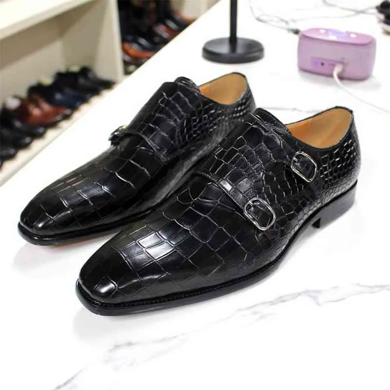 Luxury italienska herrko läder spetsiga tåskor dubbla spännen alligator tryckfest formella affärer svarta skor för manlig