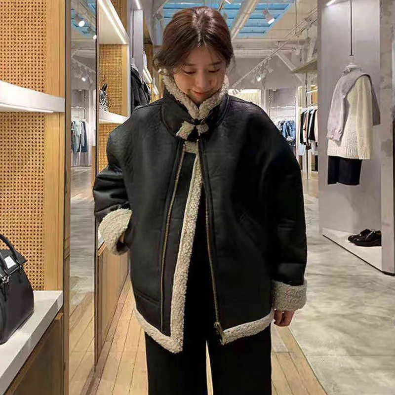 Kore tarzı kış sıcak pu deri ceketler kadın kuzu yün katları 2021 harajuku gündelik fermuar ceket üstleri kadın l220728